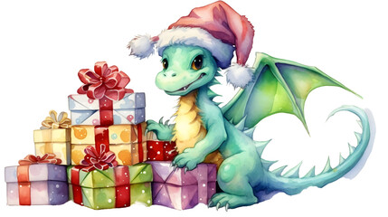 Cute cartoon watercolor green christmas dragon - symbol of the year with gifts