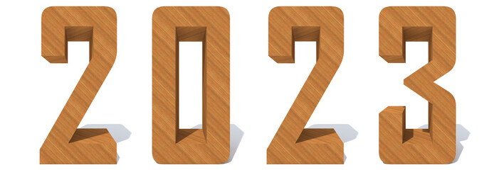 Conceptual 2023 year made of  wood or wooden brown  font isolated on white background. An abstract 3D illustration as a  metaphor for future, vision, real estate, prosperity or business growth