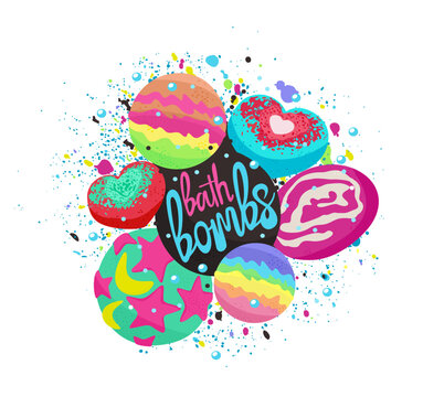 Bath bombs. Vector isolated illustration with lettering.