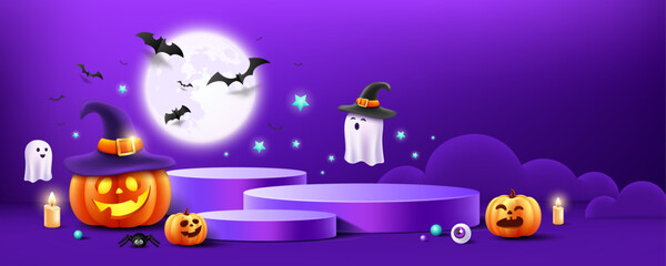 Halloween podium purple color, pumpkin, ghost, candle, and bat, moonnight banner design on purple background, Eps 10 vector illustration
