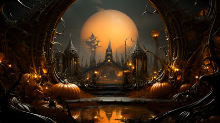 Happy Halloween background (backdrop, banner, backdrop). Enchanted, futuristic, surrealistic scenery with pumpkin heads and typical Halloween elements
