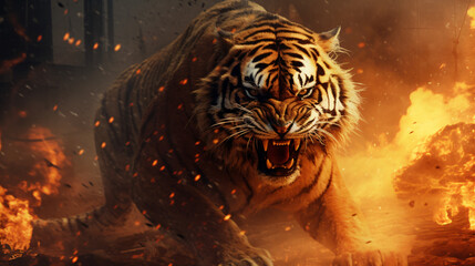 Angry Furious tiger in the fire of destruction