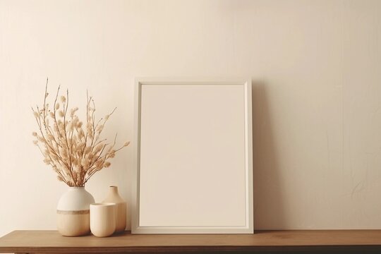 Frame on the table with white blank canvas