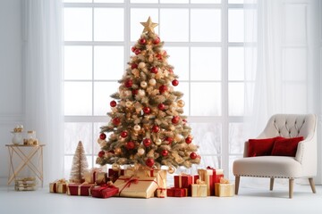 Christmas tree and gift boxes in red and golden colors in light white room interior