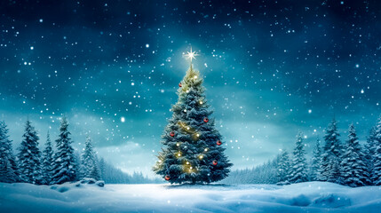 glowing decorated Christmas tree in night snowy forest, white snowflakes falling from the sky