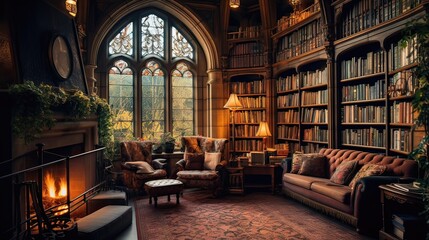 An ancient library with neatly arranged rows of books and an inviting. Aged texts, bookshelves, cozy reading corner, timeless literature, plush seating, literary charm. Generated by AI. - obrazy, fototapety, plakaty