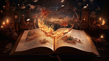 An open book inviting readers to explore its contents. Literary adventure, reading invitation, wooden surface, book exploration, captivating storytelling. Generated by AI.