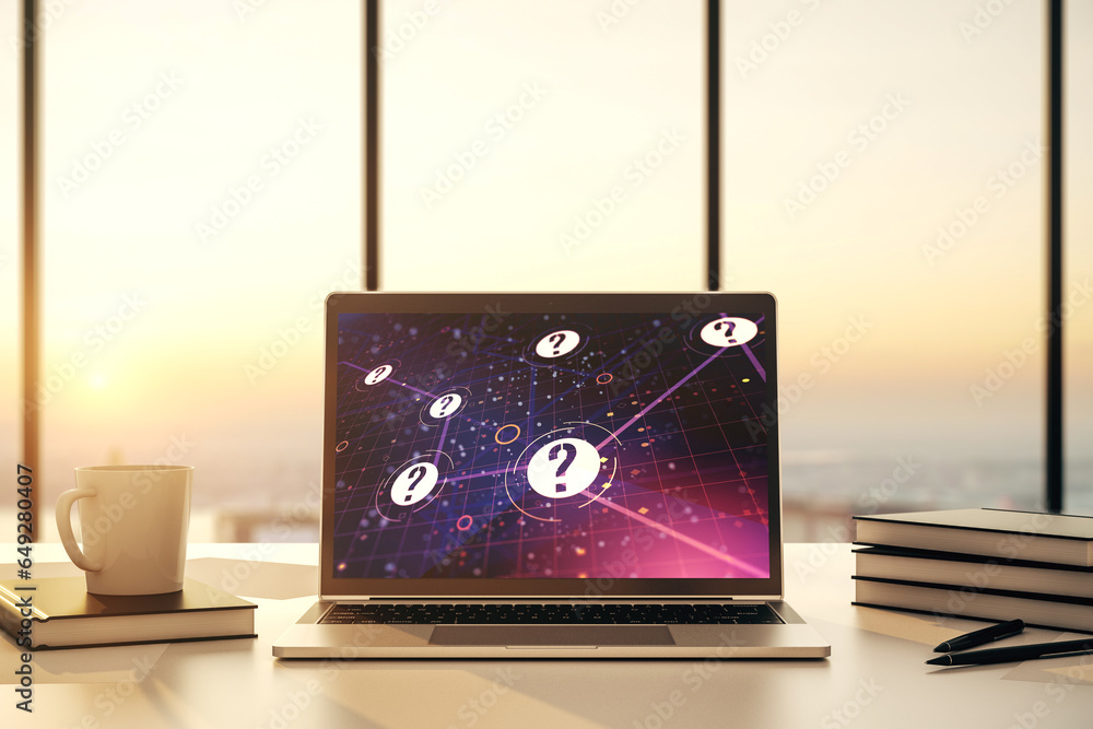 Aufkleber creative abstract question mark sketch on modern laptop monitor, faq and research concept. 3d render