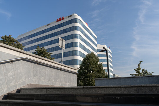 Axis business center Krak&oacute;w. Office building in Cracow, with ABB logo sign, multinational corporation, global technology company, electrical equipment manufacturer on August 12, 2023 in Krakow, Poland