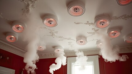 A row of smoke detectors is positioned on the ceiling. Ceiling-mounted fire alarms, fire safety measures, detection technology, safety assurance. Generated by AI. - obrazy, fototapety, plakaty