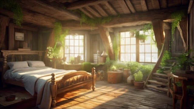 緑が生い茂る部屋, 森の寝室, 夏 春 蝶 窓, ループ, シームレス