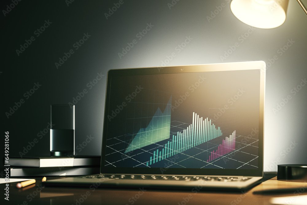 Poster modern computer screen with abstract creative financial chart, research and analytics concept. 3d re