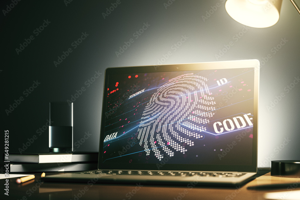 Poster abstract creative fingerprint concept on modern laptop screen. 3d rendering