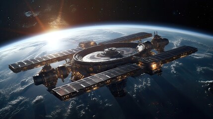 Solar panel technology, celestial energy capture, space station self-sufficiency, sun-powered station. Generated by AI.