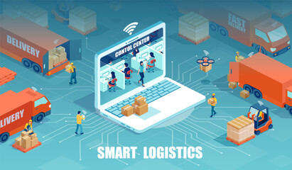 Vector of a logistics distribution centre with workers loading products on the trucks and  logisticians oversee purchasing, transportation, inventory, and warehousing - 649281272
