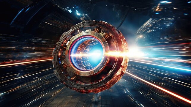 Experience the extraordinary as a spacecraft enters a wormhole. Cosmic warp, time-warping adventure, interstellar travel, futuristic odyssey, mind-bending journey. Generated by AI.