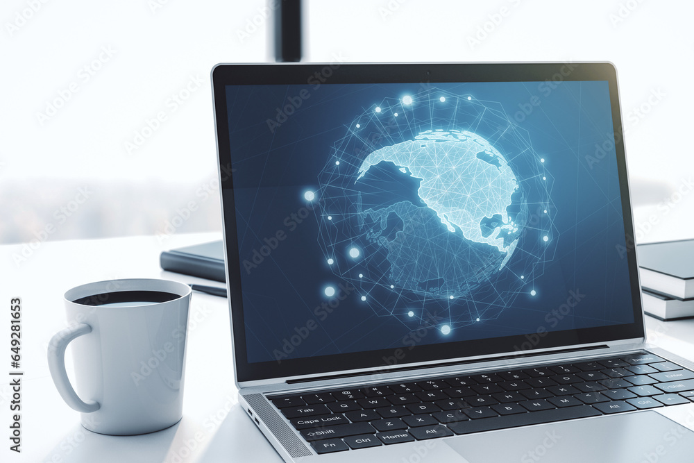 Poster Modern computer monitor with America map, research and strategy concept. 3D Rendering