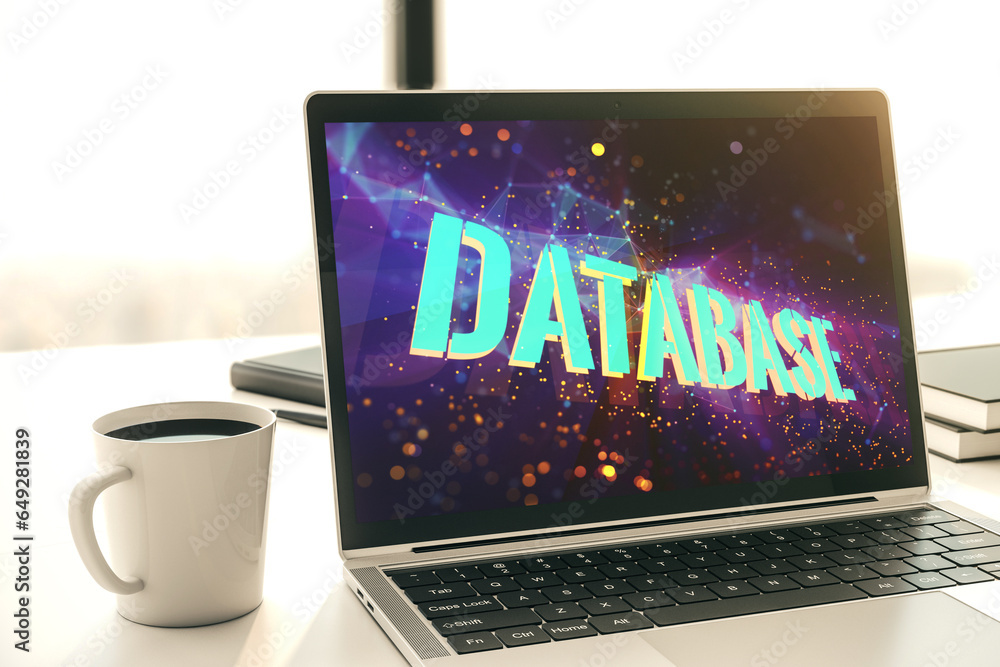 Leinwandbilder modern computer screen with database word sign, global research and analytics concept. 3d rendering