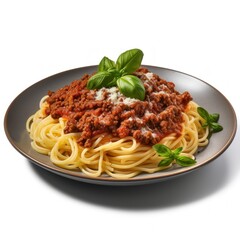 Spaghetti topped with a rich and hearty meat sauce, Traditional spaghetti Bolognese