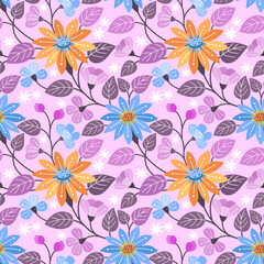 Fototapeta na wymiar Yellow blue purple flowers design seamless pattern. This pattern can be used for fabric textile wallpaper.