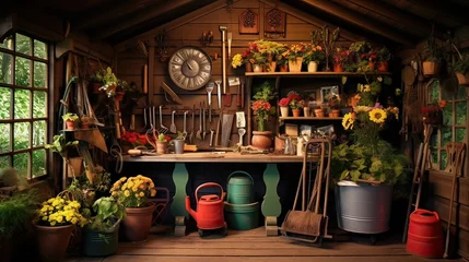 Foto op Plexiglas Garden shed stocked with an assortment of tools for plant maintenance. Horticultural hub, plant nurturing, well-organized workspace, gardening essentials, greenery care. Generated by AI. © Anastasia