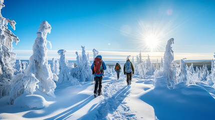 Hikers enjoy the sunny winter landscape