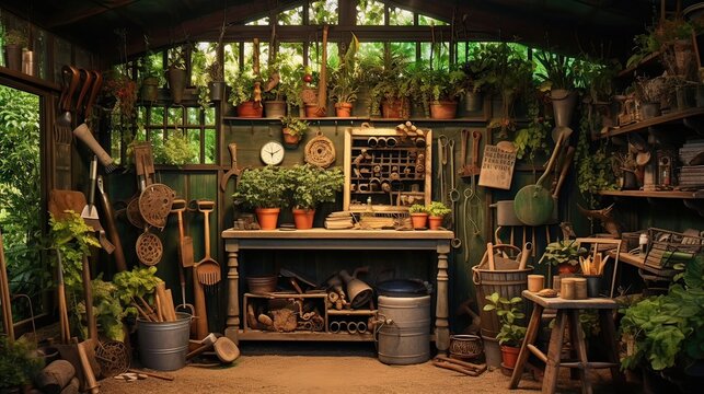 Garden shed, where a multitude of tools awaits for nurturing the plants. Horticultural haven, green thumb's dream, plant care essentials, organized workspace, gardening toolkit. Generated by AI.