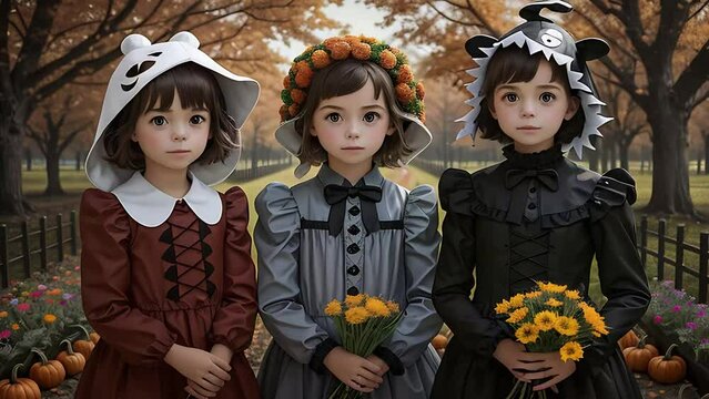 3 Morphing Girls Flipbook Animation.  Generative AI.  A flipbook animation of 3 formaly dressed young girls morphing into different autumn dresses.
