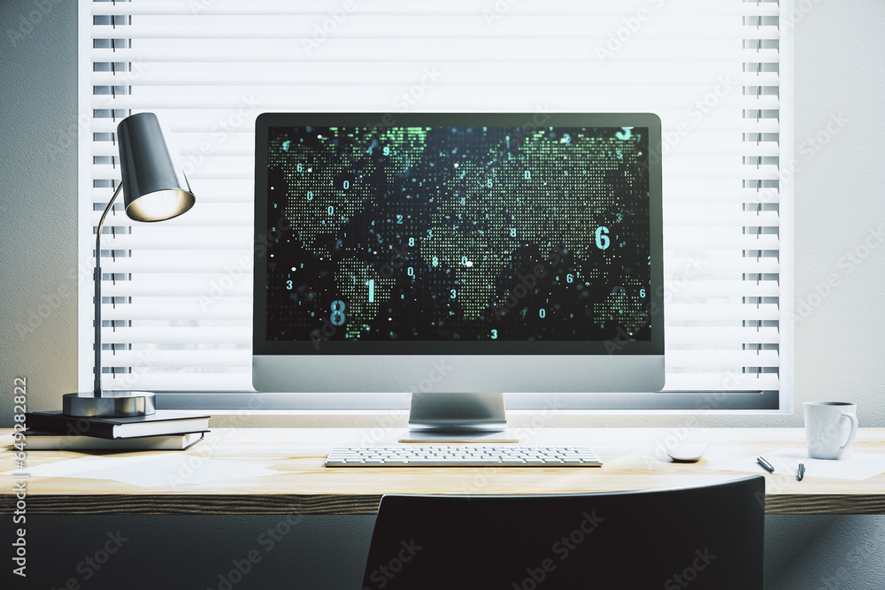 Leinwandbilder modern computer screen with abstract graphic coding sketch and world map, big data and networking co
