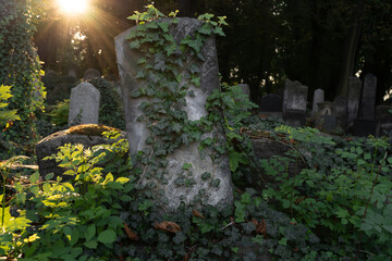Old cemetery with many weathered, gray stone tombstones. Aged tombstone in the graveyard exude an...