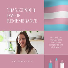 Composite of transgender day of remembrance text over caucasian non-binary trans woman - obrazy, fototapety, plakaty