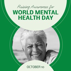 Composite of world mental health day text over senior biracial woman