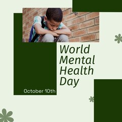 Composite of world mental health day text over sad caucasian boy