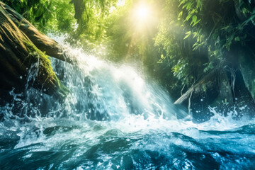 low angle view of clear water in front of waterfall in background of green forest and sunlight. Nature and environment landscape concept.