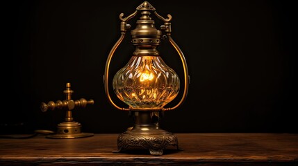 Fototapeta na wymiar Antique oil lamp, complete with an intricately designed glass shade. Vintage ambiance, ornate glass allure, historical nostalgia, soft illumination, enduring charm. Generated by AI.
