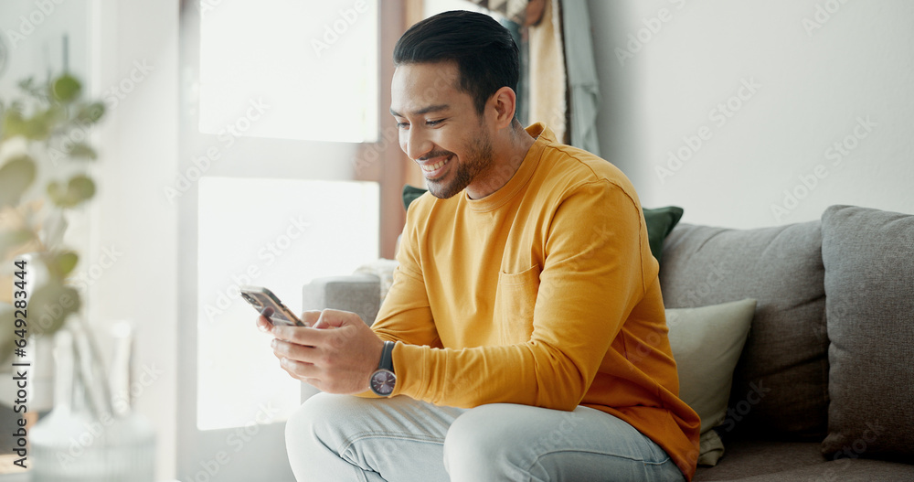 Poster Man hands, phone texting and home with social media post, networking and online on a sofa. Mobile app, message and typing on a living room couch with digital entertainment and smile on tech in house