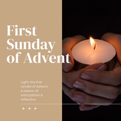 Composite of first sunday of advent text and lit candles on dark background