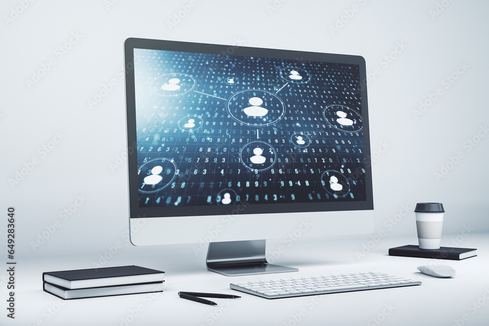 Poster Modern computer display with social network icons concept. Networking concept. 3D Rendering