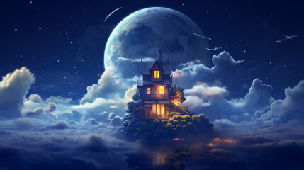 House on clouds in moonlight