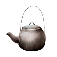Watercolor kettle for campfire illlustration. Camping equipment for recreation tourism and...