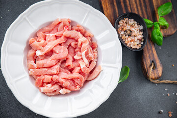 pork raw meat fresh pieces cook food appetizer meal snack on the table copy space food background rustic top view