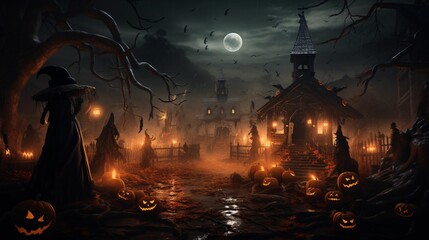 Dark and Spooky Halloween Event Background with Castle and Jack-o'-Lantern