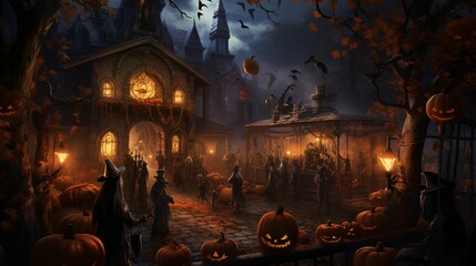 Dark and Spooky Halloween Event Background with Castle and Jack-o'-Lantern