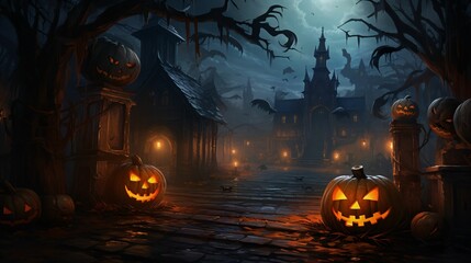 Dark and Spooky Halloween Event Background with Castle and Jack-o'-Lantern