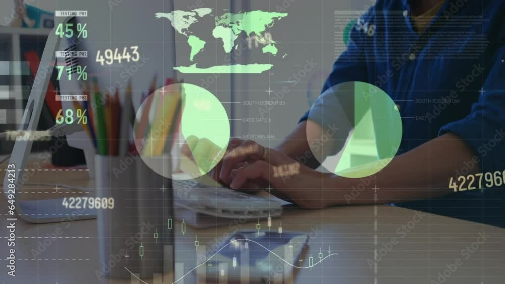 Aufkleber animation of statistical data processing against caucasian man using computer after taking rest
