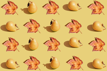 Creative pattern made raw pears and maple leaves on pastel background with shadow. Healthy food ingredient concept. Minimal style.