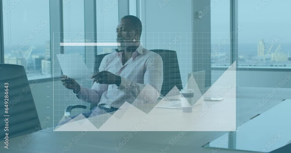 Poster animation of data processing over thoughtful african american man reading a document at office