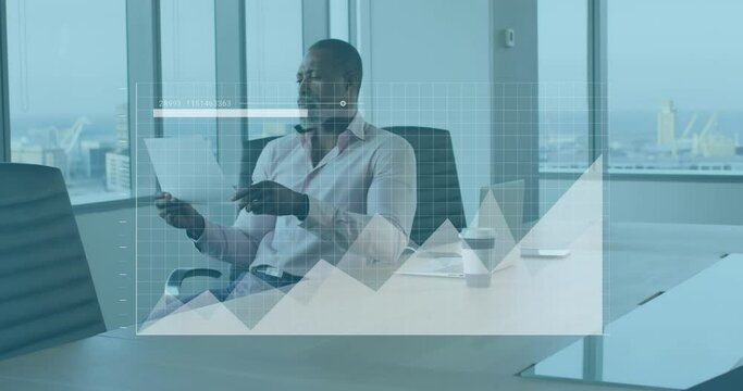 Animation of data processing over thoughtful african american man reading a document at office