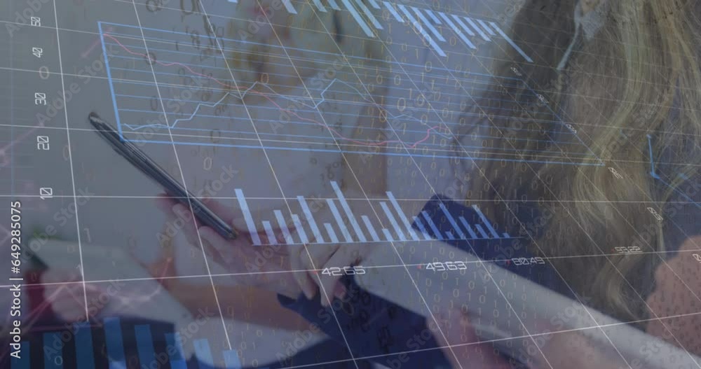 Aufkleber animation of statistical data processing against mid section of woman using digital tablet at office