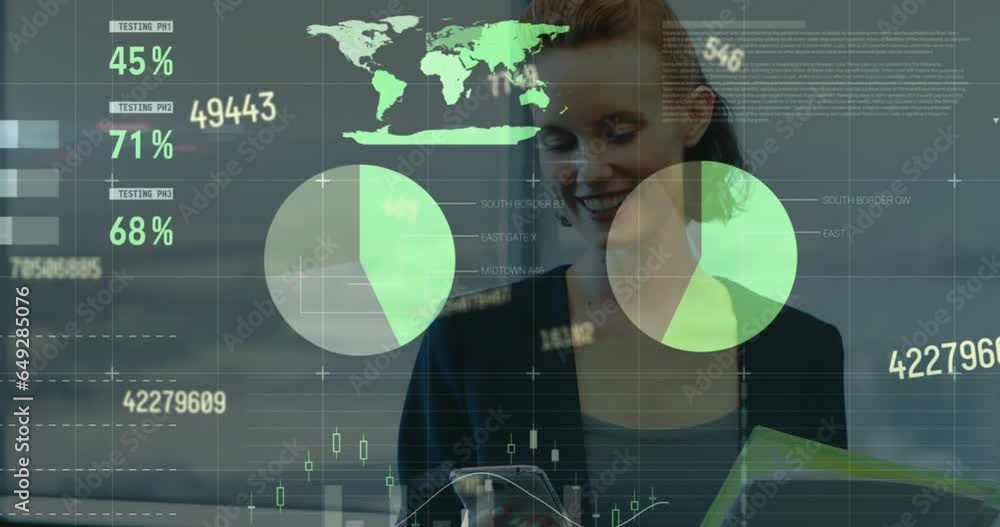 Poster animation of statistical data processing over woman holding a file using smartphone at office